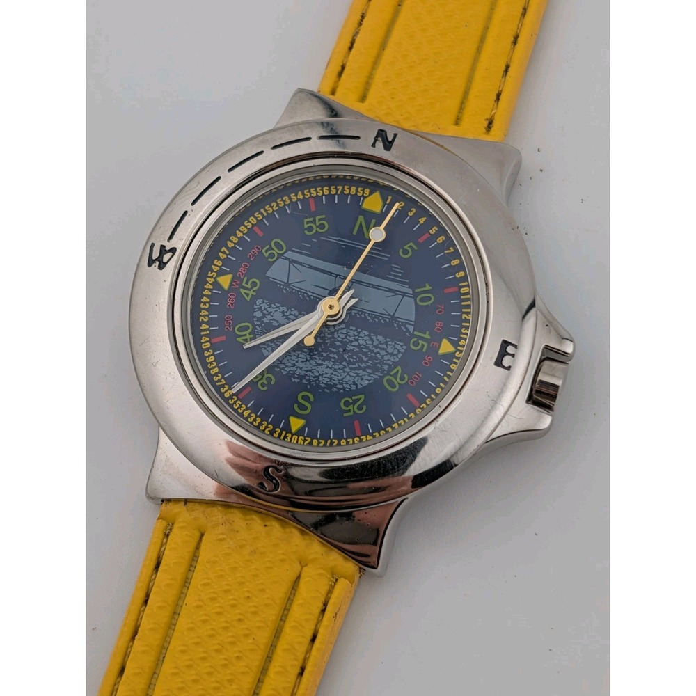 Men's Compass Artwork Dial Watch 36mm Silver Case Yellow Band- New Battery